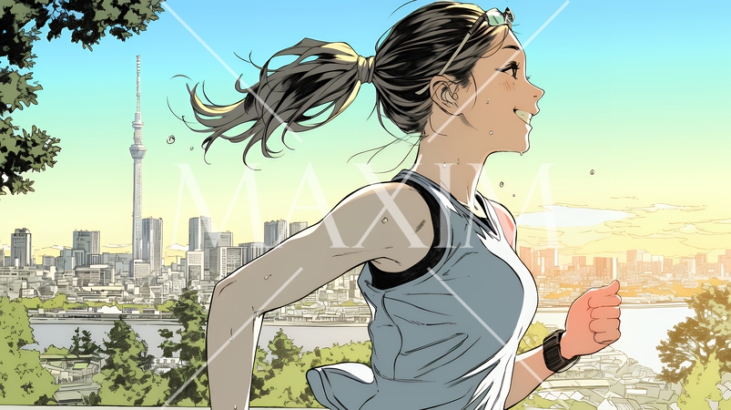 夕方の街並みを背景にジョギングをする若い女性