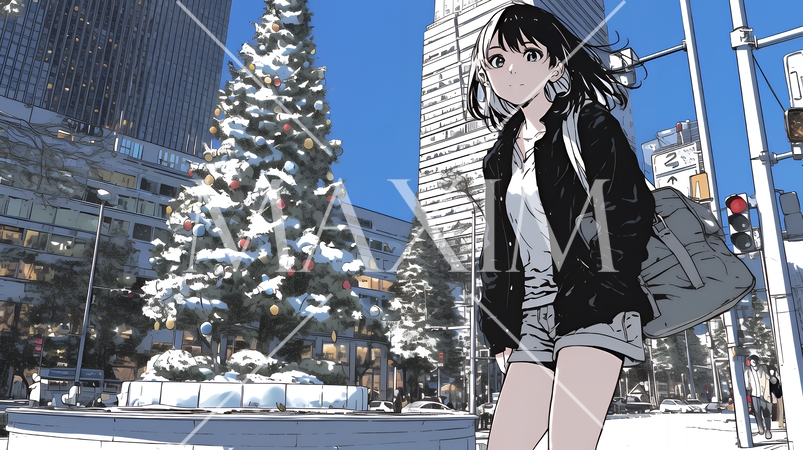 クリスマスイルミネーションが美しい街を散策する若い女性