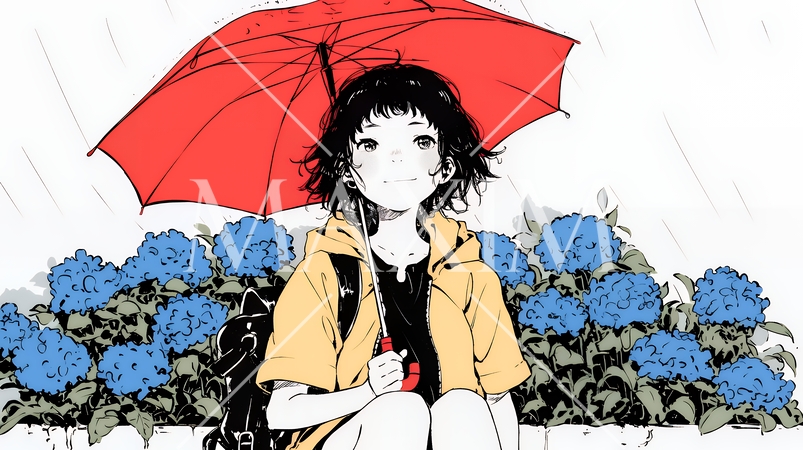 雨の中を歩く女性（シンプルな色使い）