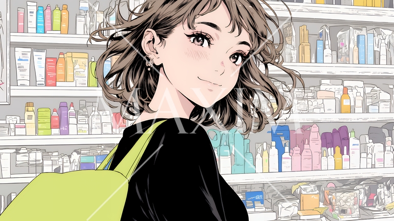ドラッグストアでコスメを選ぶ若い女性