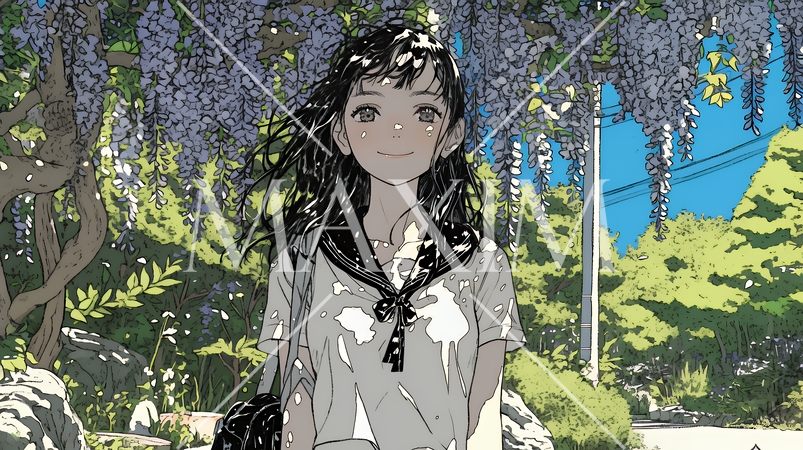 満開の藤の花の下を歩いている女子高生