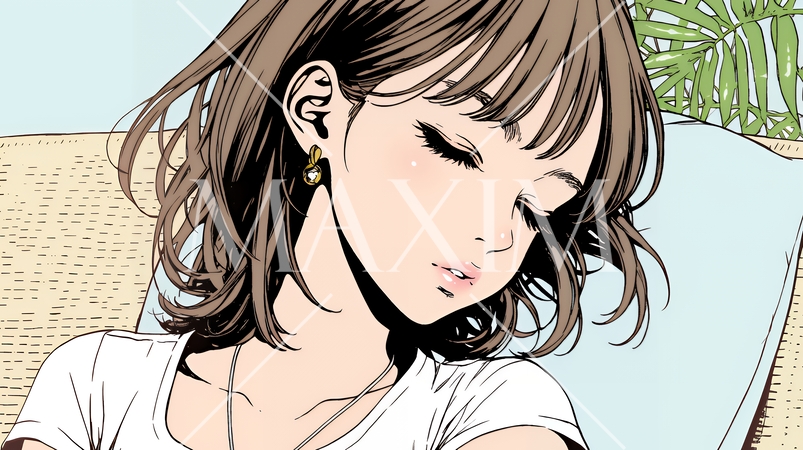 楽：リラックスした顔をしている若い女性