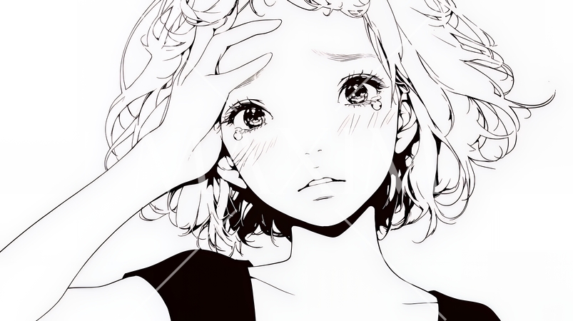 額に手を当てて「困ったな」ポーズをしている若い女性（シンプルな色使い）