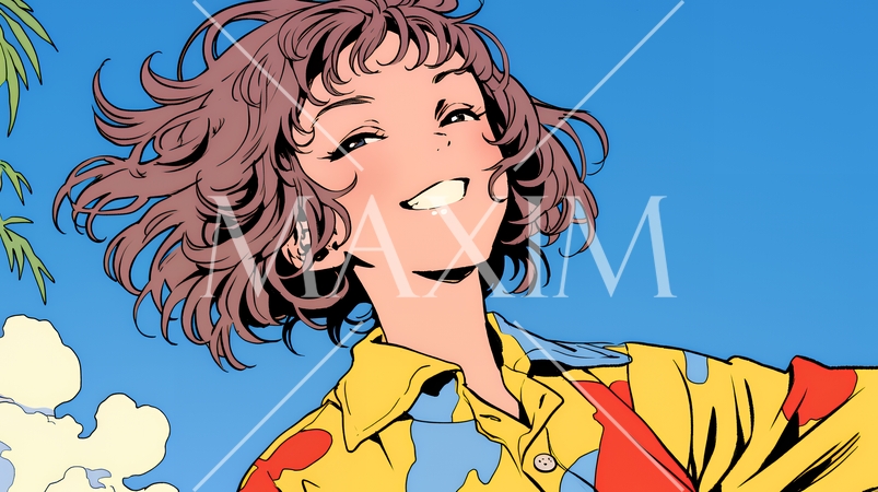 沖縄のかりゆしファッションを着て笑顔いっぱいの若い女性