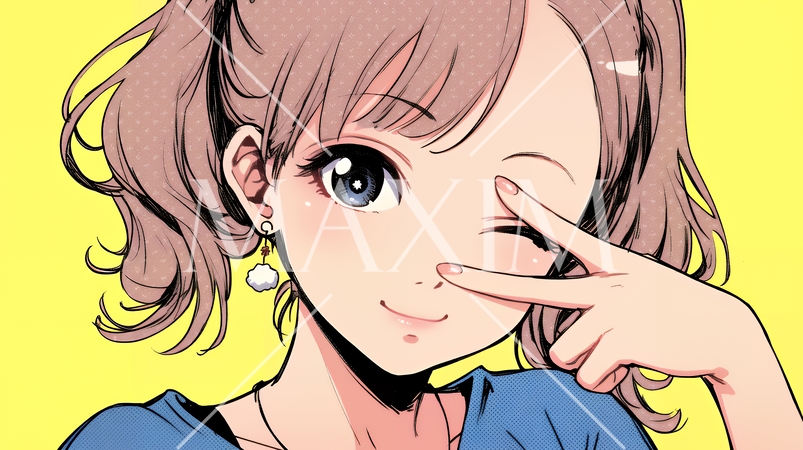 ウィンクしている女性：ピースサイン