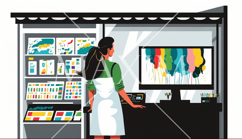 店の商品レイアウトを考えている女性