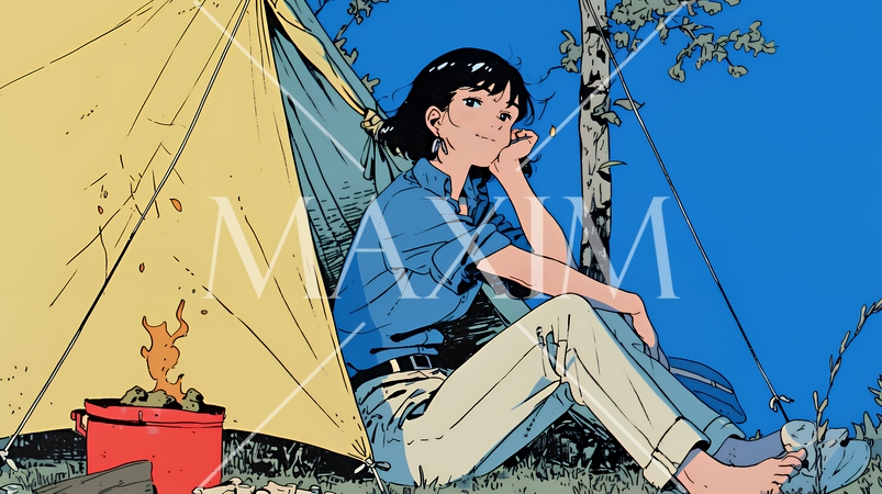 ソロキャンプを楽しんでいる若い女性