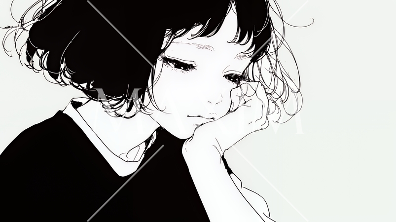 ため息をつく若い女性（シンプルな色使い）