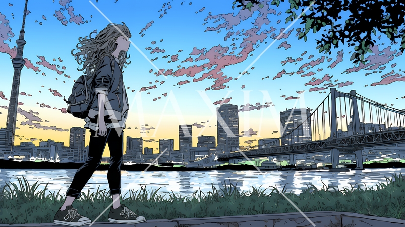 大都会の日没（日の出）とランドスケープを眺めている若い女性