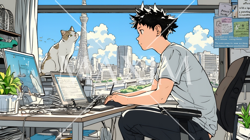 自宅でのリモートワークの場面：ペットのネコと奮闘中