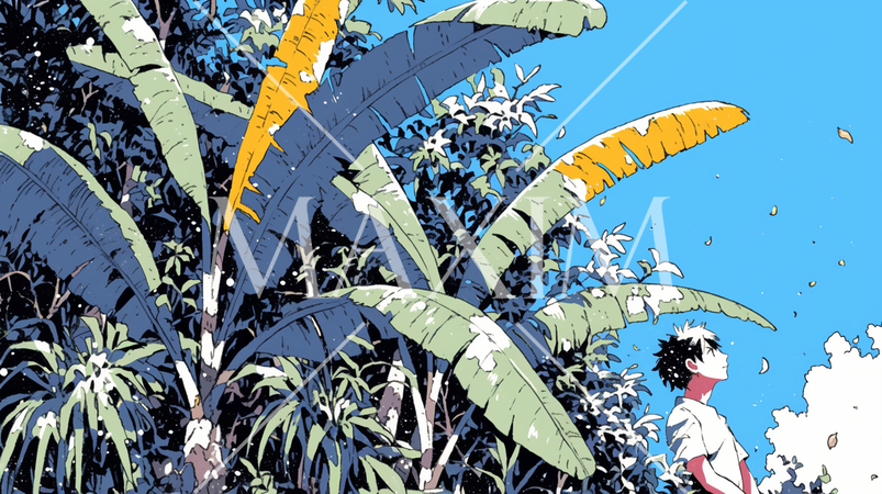 夏の晴天の日、南国の海辺の公園、入道雲をバックに若い男性