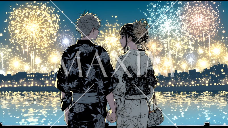 打ち上げ花火を見ている若いカップル