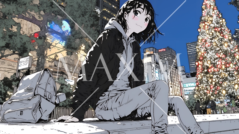 クリスマスイルミネーションが美しい街を散策する若い女性