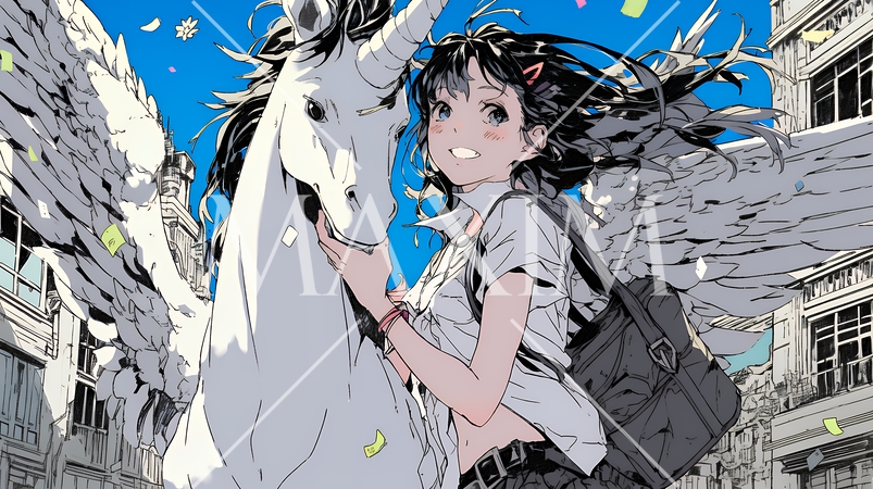 ユニコーンと若い女性