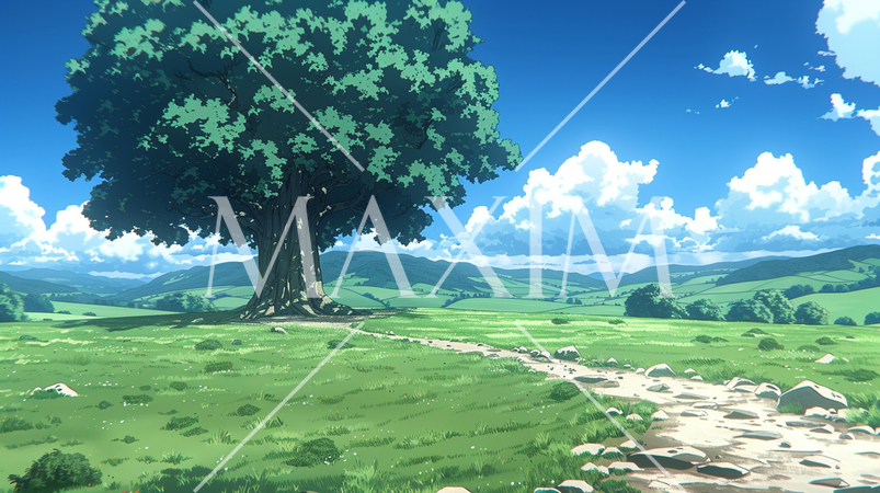 よく晴れた初夏の日、草原に大きな楠のある風景