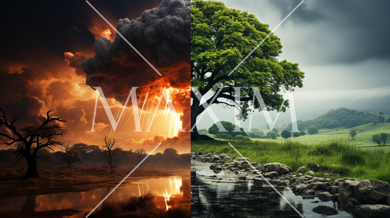 聞いて極楽見て地獄：極楽と地獄、極端な対比。巨大な樹木「バオバブ」と「核爆発のキノコ雲」の対比で。