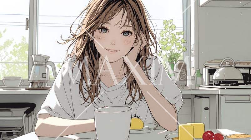 ゆったりした気分で朝食を一人で食べている若い女性