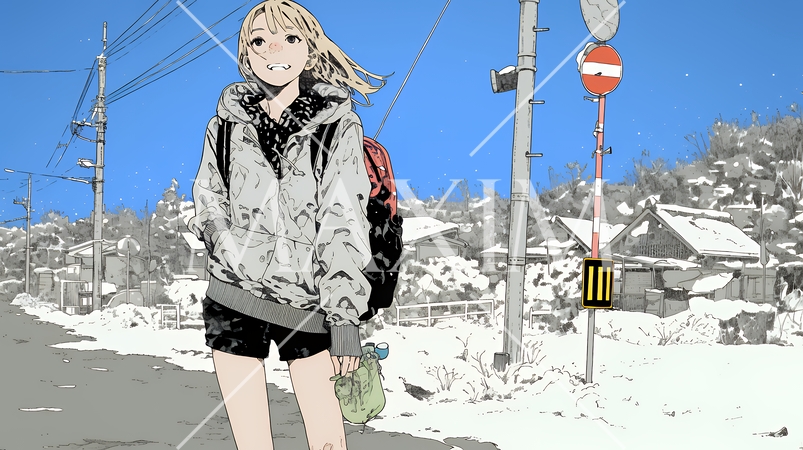 雪解けでぬかるんだ道を歩く若い女性