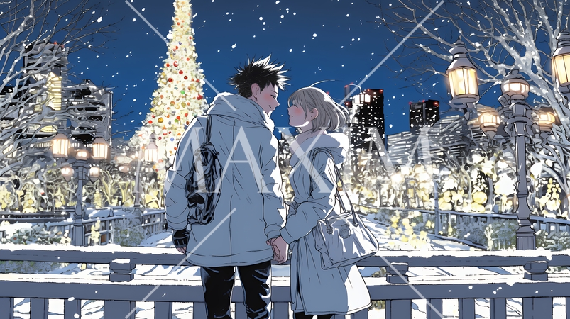 クリスマスイルミネーションの街でデートしているカップル