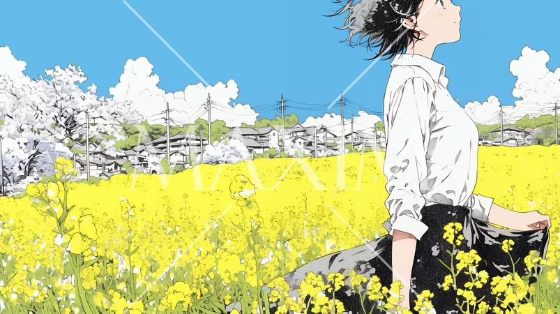 菜の花畑にいる若い女性