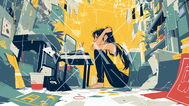 経済的に追い詰められ、部屋で悩む女性