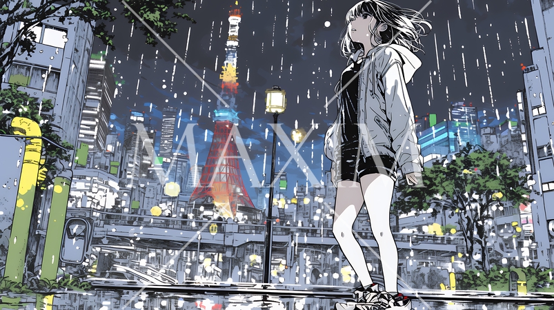 雨の中を傘をささずに歩く若い女性