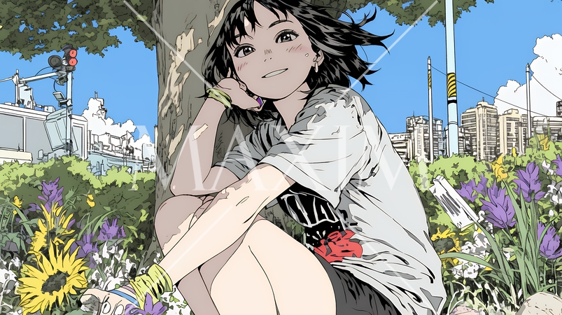 夏の昼、木陰で涼んでいる若い女性