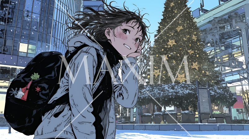 クリスマスイルミネーションが美しい街を散策する若い女性