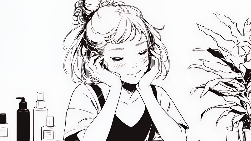 スキンケアを念入りに行う若い女性（シンプルな色使い）