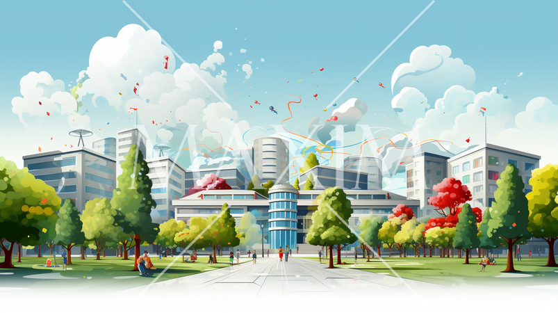 大学のキャンパスのイメージの水彩画