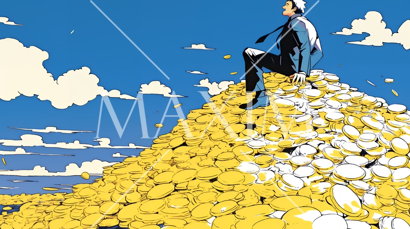 マネーゲームの勝者：金貨の山の登頂に挑み成功した姿で表現