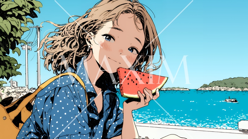 スイカを海辺て食べている若い女性