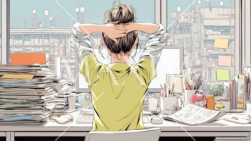 仕事の合間にストレッチ（伸び）をする女性