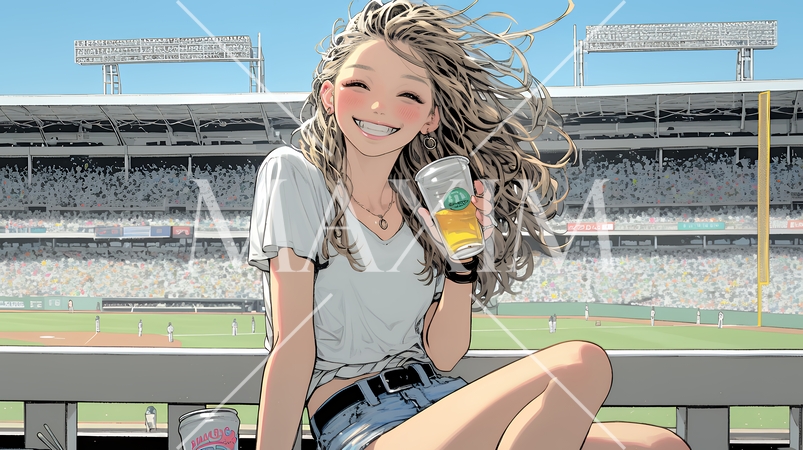 野球などの屋外スポーツを観戦しながら、ビールを楽しむ若い女性。