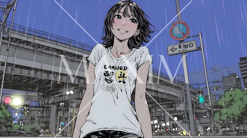 夏の急な雨でびしょ濡れの若い女性