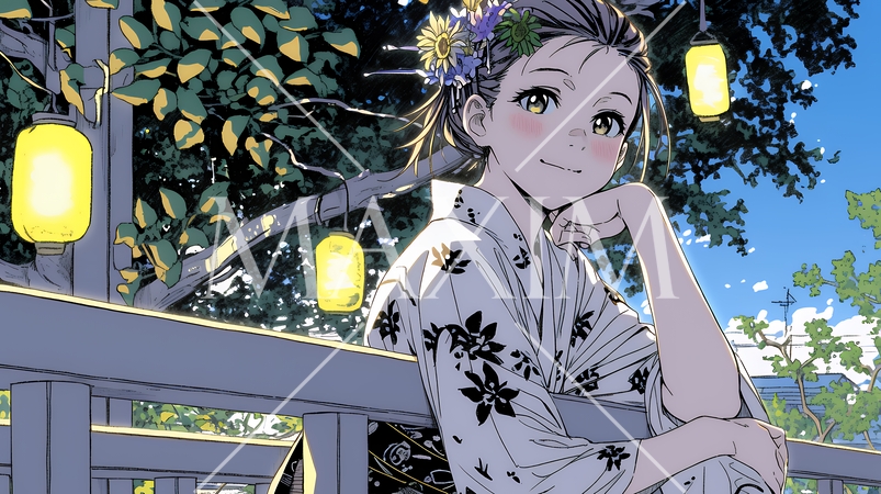 浴衣姿で夕涼みをしている若い女性