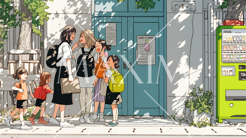 道端で会話を楽しむ若い主婦たち（ママ友たち）