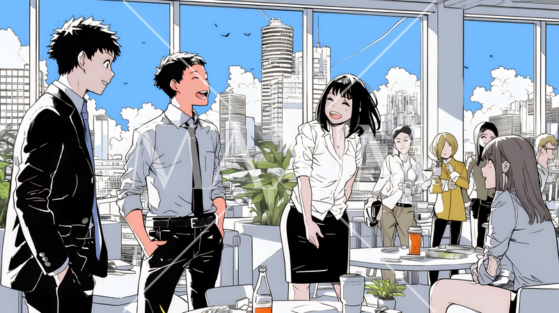 積極的な会話の多いポジティブな職場：社員たちが互いに積極的な意見を交わしている