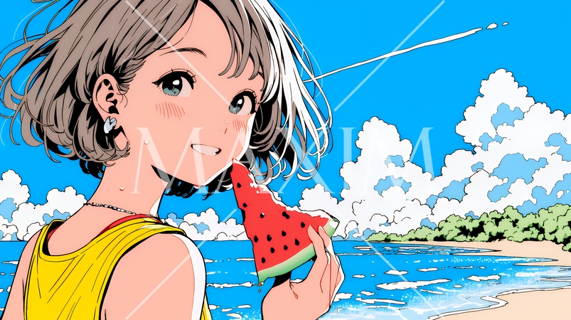 スイカを海辺て食べている若い女性