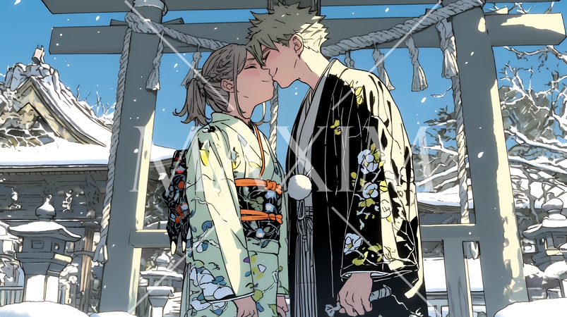 初詣をしている若い恋人カップル