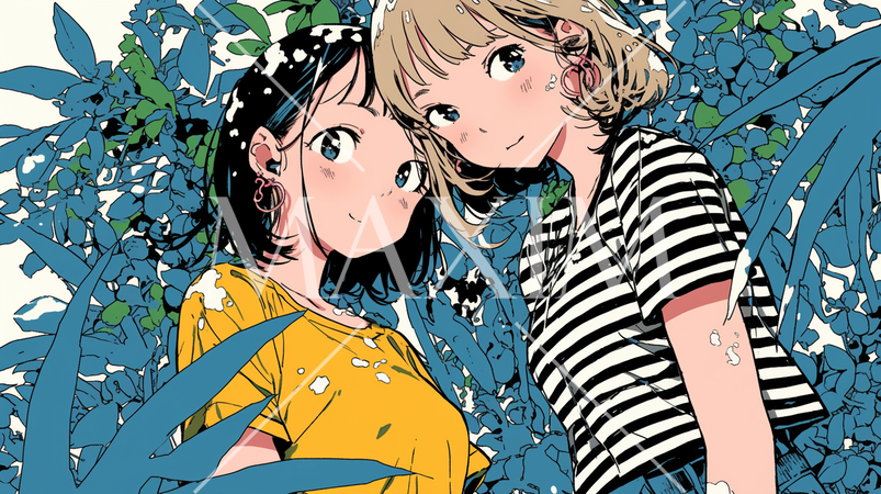 晴れた夏の日、若い女性友達で山原の森を散策中