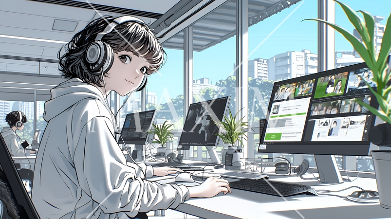 近代的なコールセンターのオフィスで働く女性オペレーター