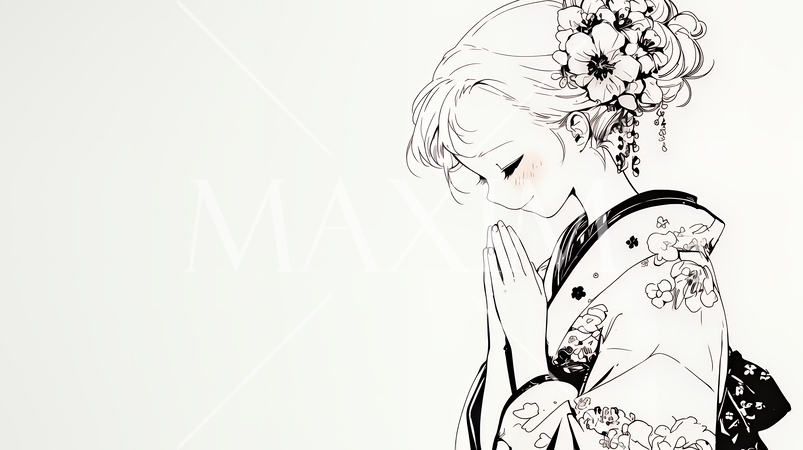 手を合わせてお祈りをしている和服姿の若い女性（シンプルな色使い）