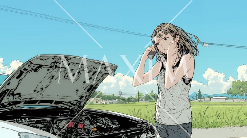 ドライブ中の車の故障・事故・トラブルで困っている女性