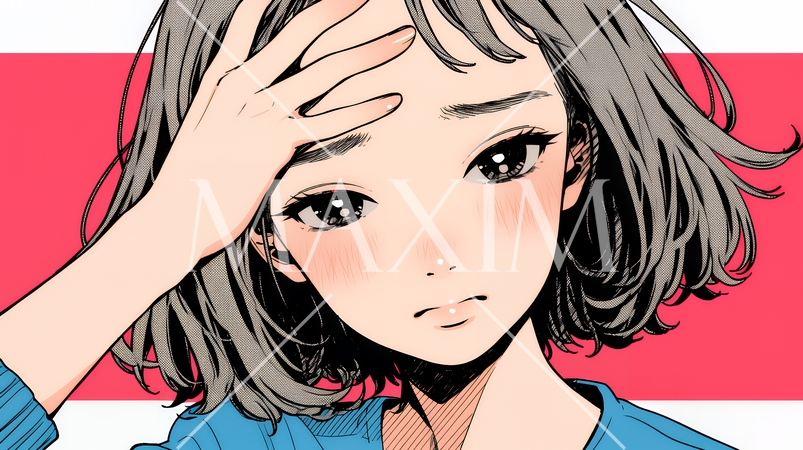 苦笑いをしている女性（気まずさ、困惑、自嘲、内なる葛藤を抱えて）