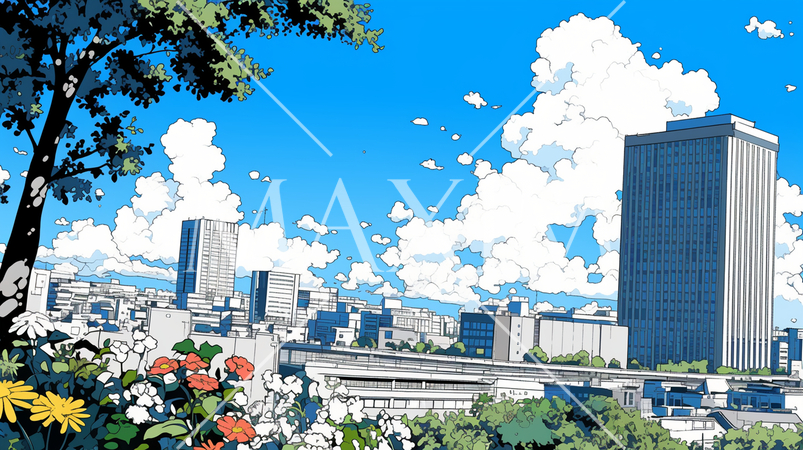 都市の町並みと夏の青空