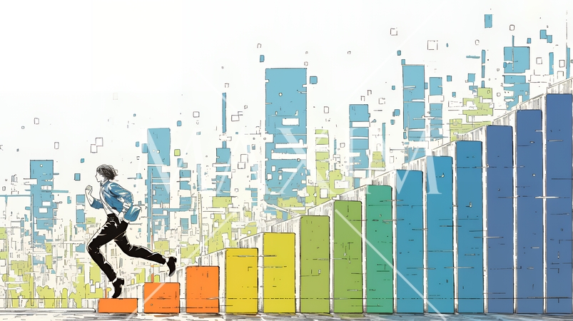 棒グラフの都会の町並みを駆け抜けるビジネスパーソン