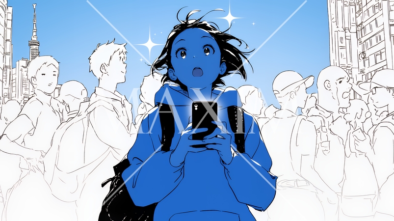 スマホの画面を見て驚いている若い女性（シンプルな色使い）