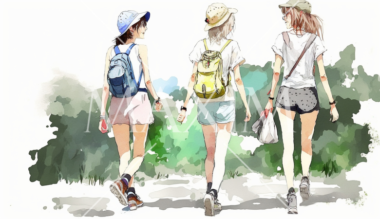 山にハイキングに来ている仲の良い若い女友達：水彩画