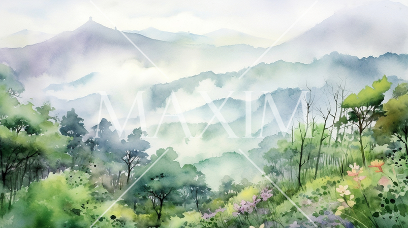 早朝の里山に朝靄が雲海のようかかる。水彩画にした。